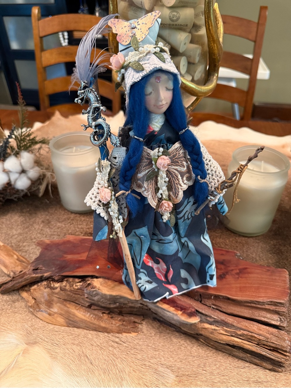 Handmade Blue Fantasy Doll with Braided Hair and Floral Accents